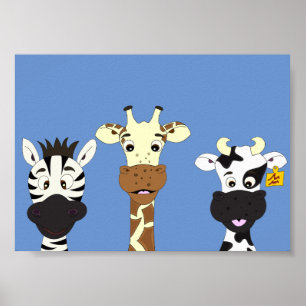 Pôster Cartaz infantil de vaca girafa zebra engraçada