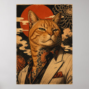 Poster Cartaz Japonês Vintage do Samurai Gato