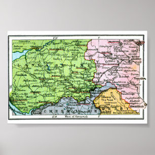 Poster Cartaz - Mapa Antigo de Yorkshire/Lancashire 