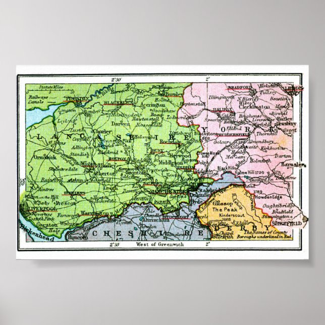 Poster Cartaz - Mapa Antigo de Yorkshire/Lancashire  (Frente)