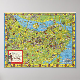 Poster Cartaz Mapa Pictórico Vintage Boston 1955