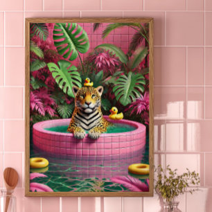 Poster Cartaz Maximalista de Piscina com Tigre Rosa Arte