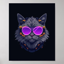 Cartaz Neon de Mecha Ciberpunk Gato Bruxa