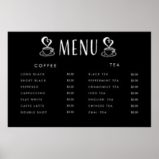 Pôster Cartaz Personalizado de Menu de Preços de Cafeteri