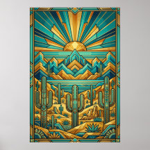 Cartaz pôr do sol no deserto em Art Déco - Saguaro