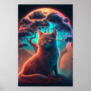 Poster Cartaz Psicodélico de Gato Místico Gato Cósmico