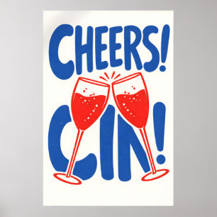 Poster Cartaz Retro Cheers Cin, Tipografia de Coquetel