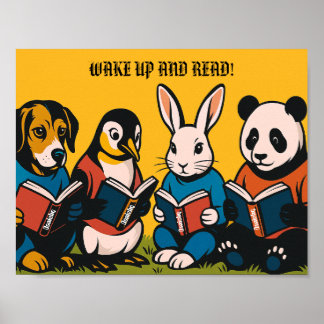 Poster Cartaz Retro de Leitura de Animal - Acorde e Leia!