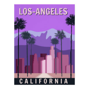 Pôster Cartaz retrô de Los Angeles, centro, paisagem urba