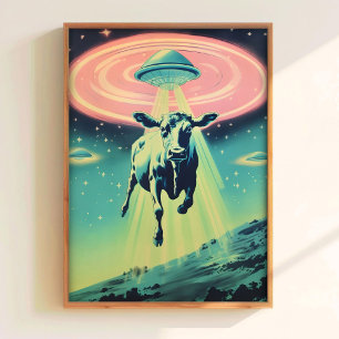 Poster Cartaz Retro Divertido de OVNIs Arte de Abdução de