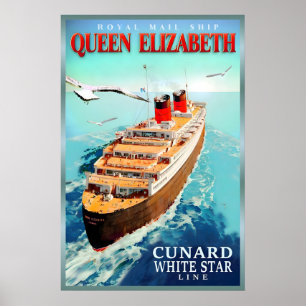 Poster Cartaz Retro do Navio RMS Queen Elizabeth New Cuna