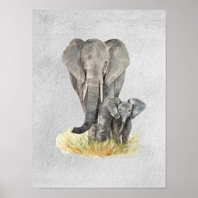 Poster Cartaz Texturizado de Mãe e Bebê Elefante (Frente)