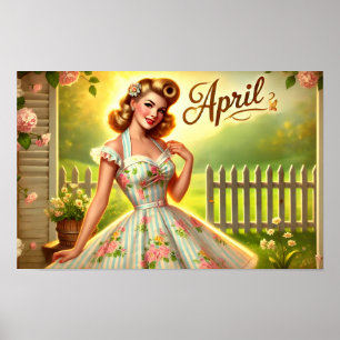 Poster Cartaz Vintage de Abril Pin-Up Jardim de Primavera