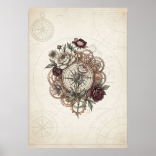 Poster Cartaz Vintage de Compasso Steampunk com Rosas