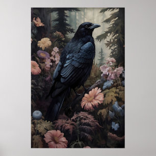 Poster Cartaz Vintage de Corvo e Flores, Dark Academia