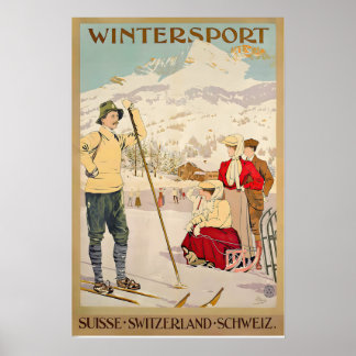 Poster Cartaz Vintage de Esqui na Suíça Esporte de Invern