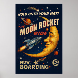 Poster Cartaz Vintage de Passeio de Foguete Lunar - Ficçã