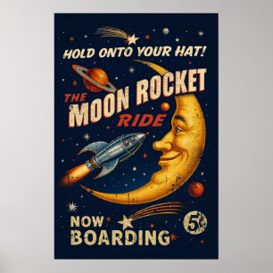 Poster Cartaz Vintage de Passeio de Foguete Lunar - ficçã