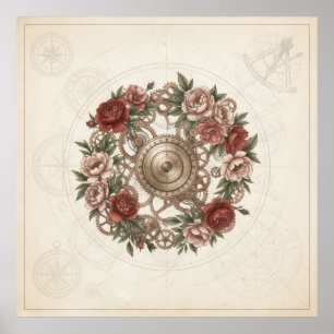 Poster Cartaz Vintage de Rosa de Engrenagens Steampunk