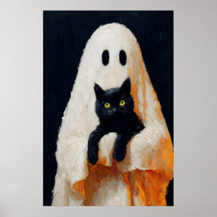 Poster Cartaz Vintage Gótico de Fantasma e Gato Preto