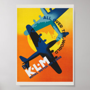 Poster Cartaz Vintage KLM em Todo o Mundo 1930s