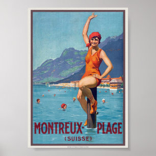 Poster Cartaz Vintage Montreux Plage Suíça ca. 1920