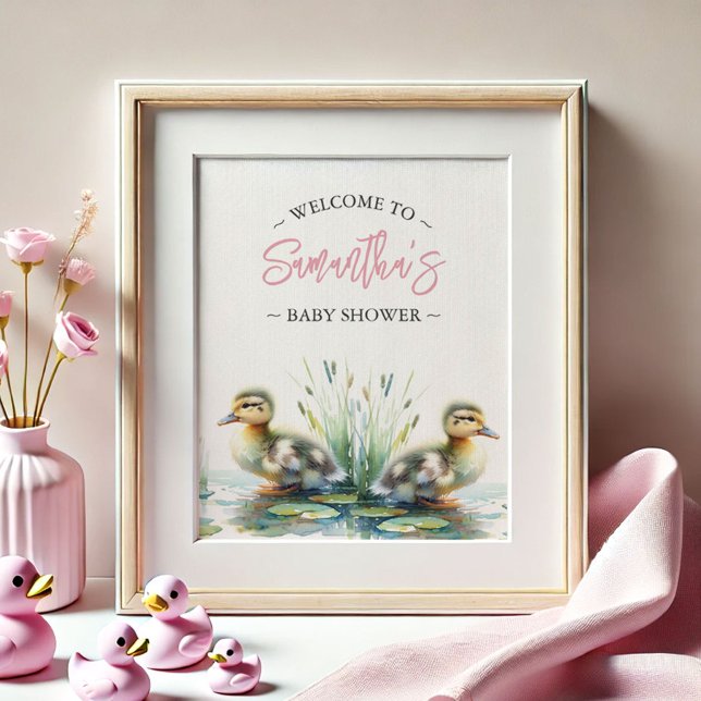 Poster Cartazes de Chuveiro de Bebê Pato Sinal de Boas-Vi (baby shower posters pink girl watercolor ducks by Do Tell A Belle)
