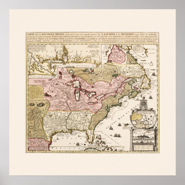 Pôster Carte Québec Nouvelle-France Amérique par Français (Frente)