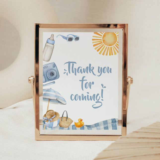 Poster Cartões de agradecimentos Chá de fraldas Blue Beac (Boy Splish Splash Baby Shower Thank you for Coming Sign)