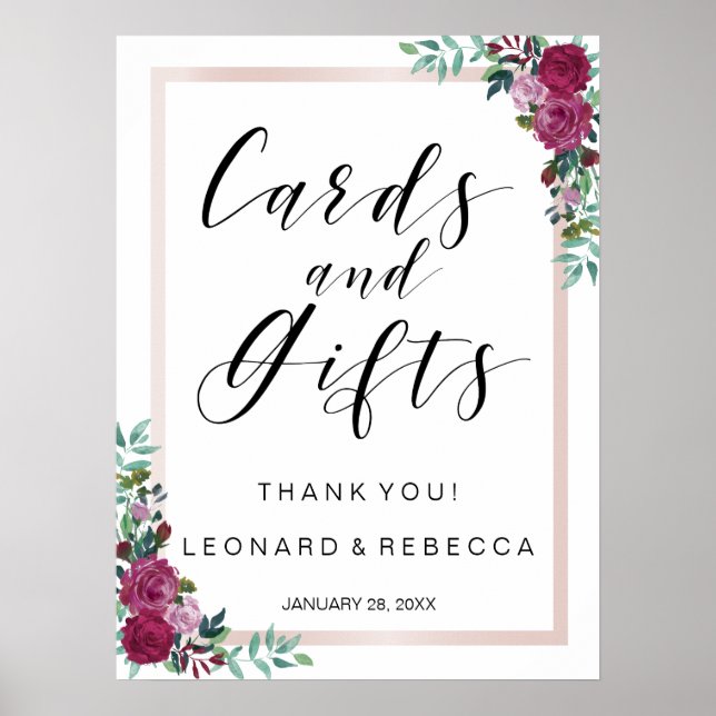 Poster Cartões de caligrafia e dons para rosas de aquarel (Frente)