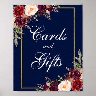 Poster Cartões de Casamento Dourado Azul Floral Borgonha