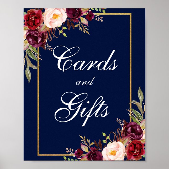 Poster Cartões de Casamento Dourado Azul Floral Borgonha  (Frente)
