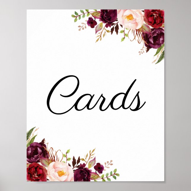 Poster Cartões de Casamento Floral de Marsala e Rosa (Frente)