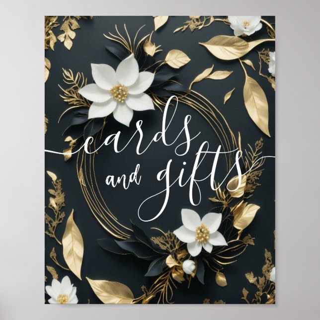 Poster Cartões De Casamento Oferece Dourada Floral Branca (Frente)