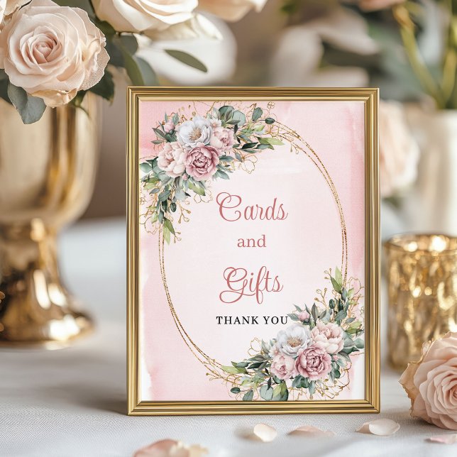 Poster Cartões de Flores em Dourado Rosado Presentes Bebe (Rose Gold Floral Cards and Gifts Baby Shower Tabletop)