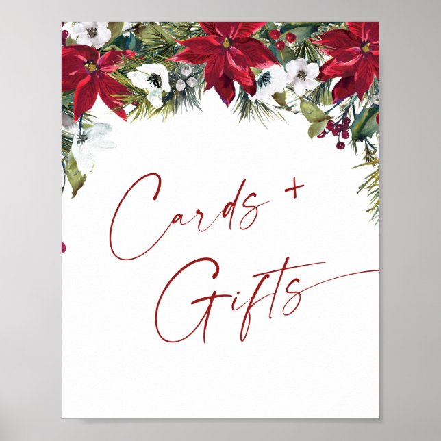Poster Cartões de Poinsettia Vermelha Elegante e Casament (Frente)