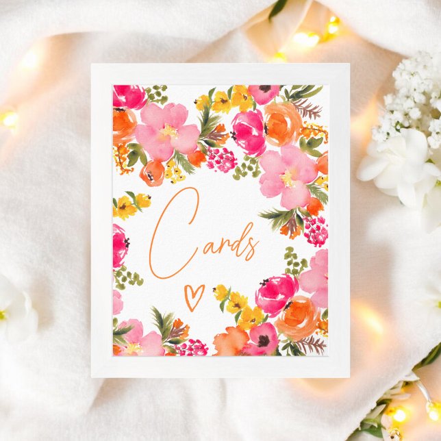 Poster Cartões de script de flores laranja ousadas para c (Bold Orange flowers script cards bridal shower Poster)