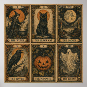 Poster Cartões de Tarot de Halloween Vintage