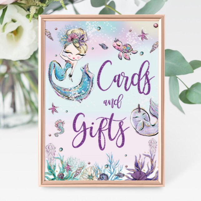 Poster Cartões e presentes de Chá de fraldas de aniversár (zazzle-mermaid-blonde-girl-under-the-sea-ocean-pool-1st-birthday-baby-shower-cards-and-gifts-sign)