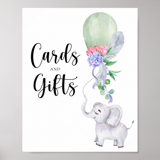 Poster Cartões e presentes de elefante e balão chá de beb (Frente)