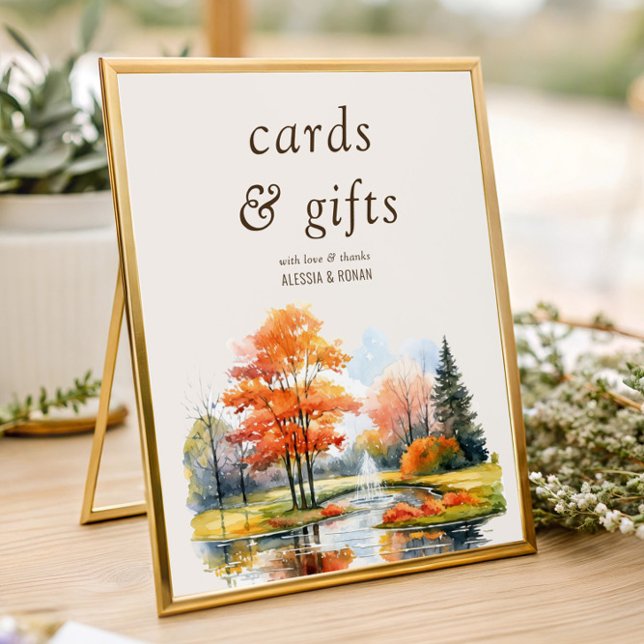 Poster Cartões e presentes no lago de queda digital ou im (Cards & Gifts wedding table sign from the Fall Lake wedding collection by Darling & May)