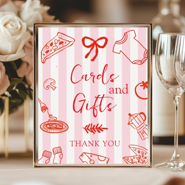 Poster Cartões e Presentes para Chás de Bebê de Pizza Ita (Red and Pink Baby Shower Cards and Gifts poster)