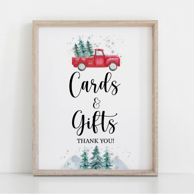 Poster Cartões e presentes Sinais de inverno Vermelho árv (Cards & Gifts Shower Sign, Winter Red Christmas Tree Pickup Truck Theme)