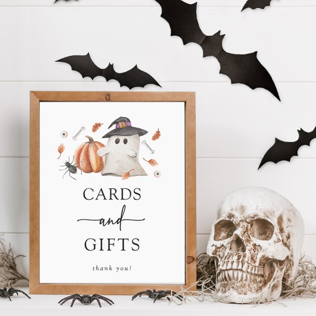 Poster Cartões Halloween e Sinal de Chá de fraldas de pre (Halloween Cards and Gifts Sign A Little Boo Is Almost Due Baby Shower Fall Autumn Orange Pumpkins)