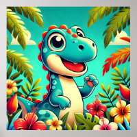 Cartoon Adorável Dinossaur Amidst Vibrant Tropical