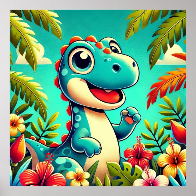 Poster Cartoon Adorável Dinossaur Amidst Vibrant Tropical (Frente)