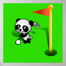 Pôster Cartoon Baby Panda Bear Golfing sobre o Verde