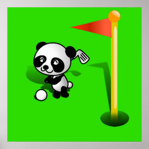 Pôster Cartoon Baby Panda Bear Golfing sobre o Verde