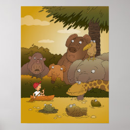 Poster Cartoon Boy Tropical Jungle Animal