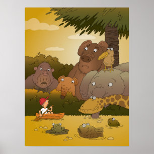 Poster Cartoon Boy Tropical Jungle Animal